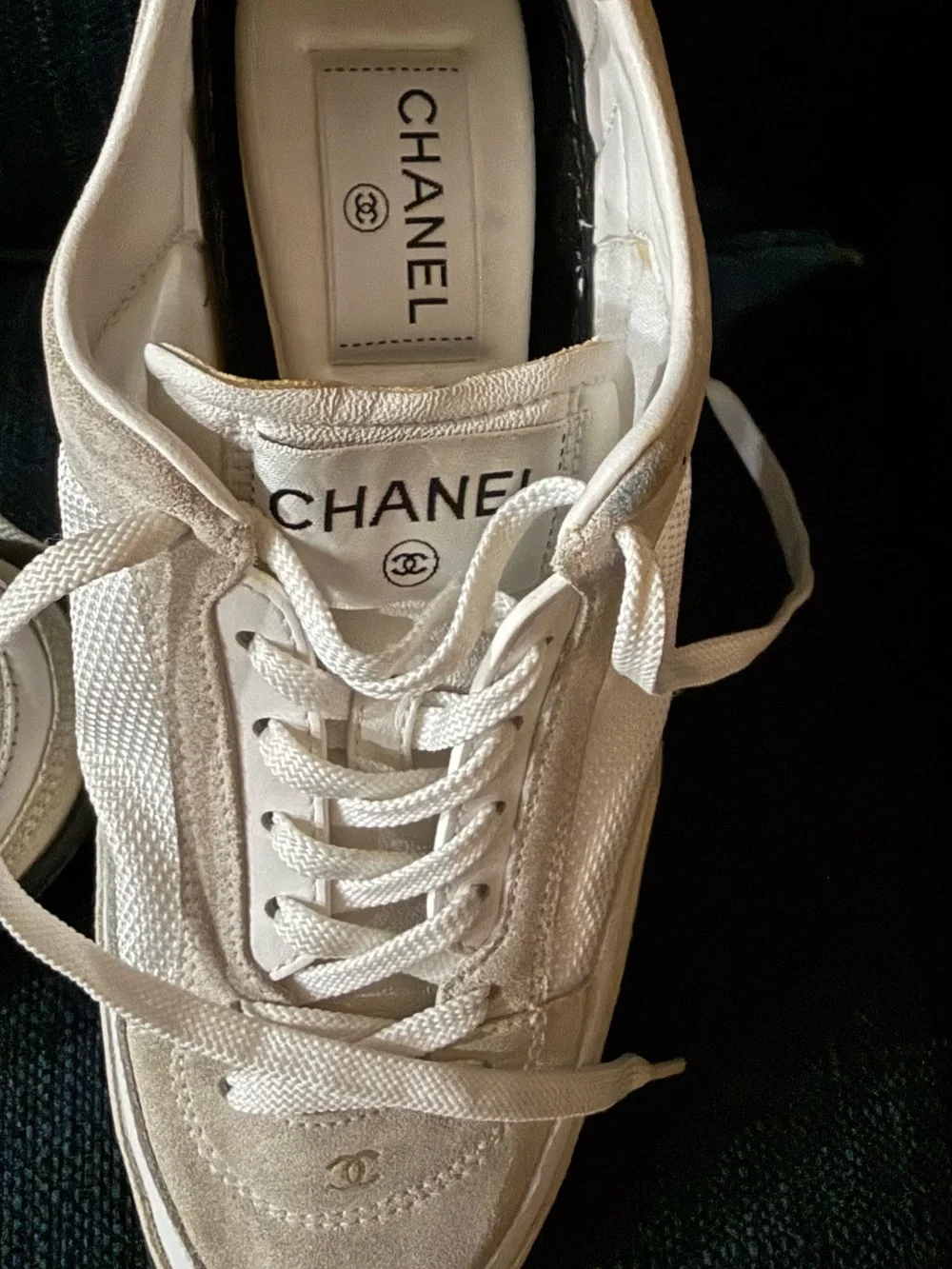 CHANEL Cream Lace-Up  Sneakers